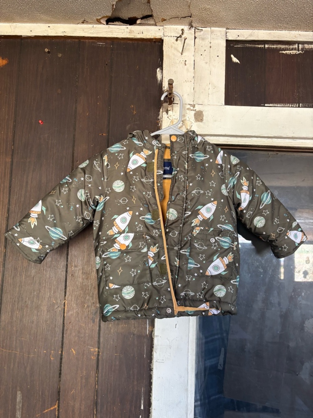 Kids Space Rocket Puffer Jacket - Olive with Orange Lining